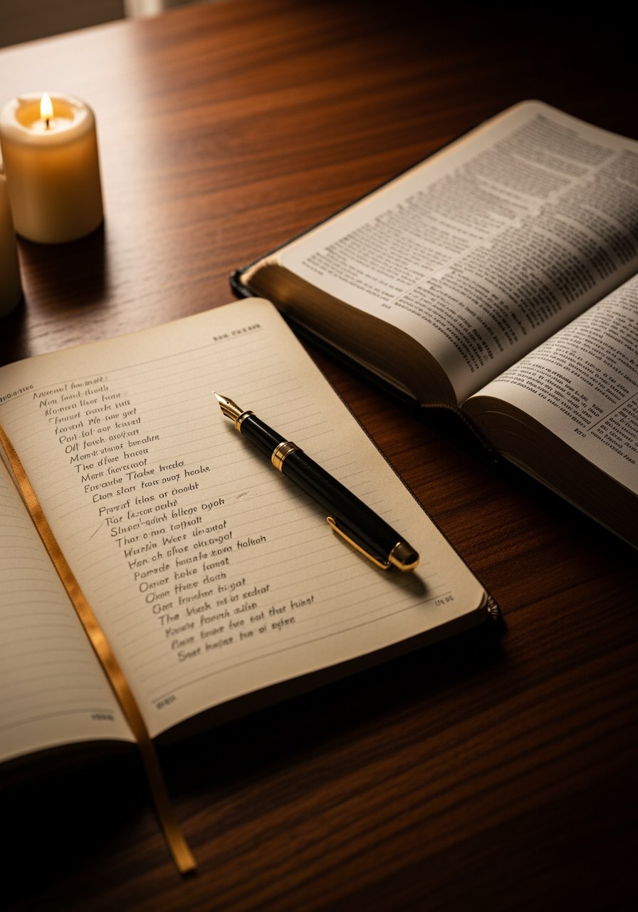Writing song lyrics beside an open Bible